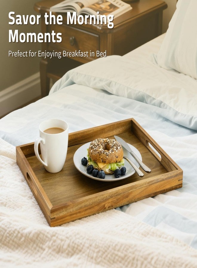 Iyulania 17 inch Acacia Wood Serving Tray with Handles, Decorative Display Tray for Coffee Table, Breakfast in Bed, Food Dinner - Image 3