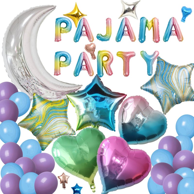 DUFACAI 44 Pieces PAJAMA PARTY Balloons Silver Moon Star Rainbow Gradient Heart Aluminum Foil Balloons Purple Blue Latex Balloons for Girls Women Slumber Party Sleepover Birthday Party Decoration Silver - Image 3