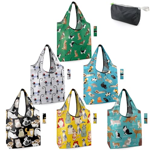 BeeGreen Gifts for Cat Lovers 6 Pack Cats Reusable Grocery Bags with Elastic Band Reusable Shopping Bags Bulk 50LBS XLarge FoldableMachine WashableHeavy Duty Kitten Bags - Image 1