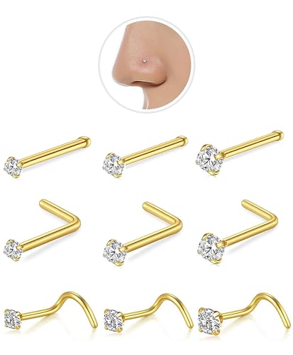 AMASIS Nose Rings Studs: 9Pcs 20g Gold 316L Surgical Stainless Steel Nose Studs Hypoallergenic L Shape/Corkscrew/Straight Nose Piercing Stud Jewelry for Women Men Clear Cubic Zirconia Imitation Diamond Top Size 1.5mm 2mm 3mm - Image 1