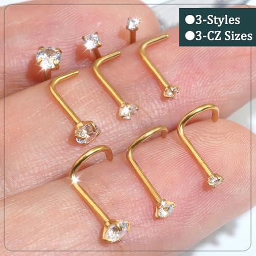 AMASIS Nose Rings Studs: 9Pcs 20g Gold 316L Surgical Stainless Steel Nose Studs Hypoallergenic L Shape/Corkscrew/Straight Nose Piercing Stud Jewelry for Women Men Clear Cubic Zirconia Imitation Diamond Top Size 1.5mm 2mm 3mm - Image 3