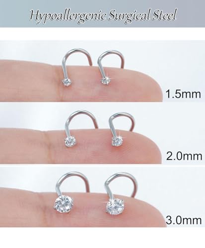 AMASIS Nose Rings Studs: 9Pcs 20g Gold 316L Surgical Stainless Steel Nose Studs Hypoallergenic L Shape/Corkscrew/Straight Nose Piercing Stud Jewelry for Women Men Clear Cubic Zirconia Imitation Diamond Top Size 1.5mm 2mm 3mm - Image 5