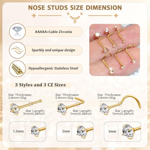 AMASIS Nose Rings Studs: 9Pcs 20g Gold 316L Surgical Stainless Steel Nose Studs Hypoallergenic L Shape/Corkscrew/Straight Nose Piercing Stud Jewelry for Women Men Clear Cubic Zirconia Imitation Diamond Top Size 1.5mm 2mm 3mm - Image 2