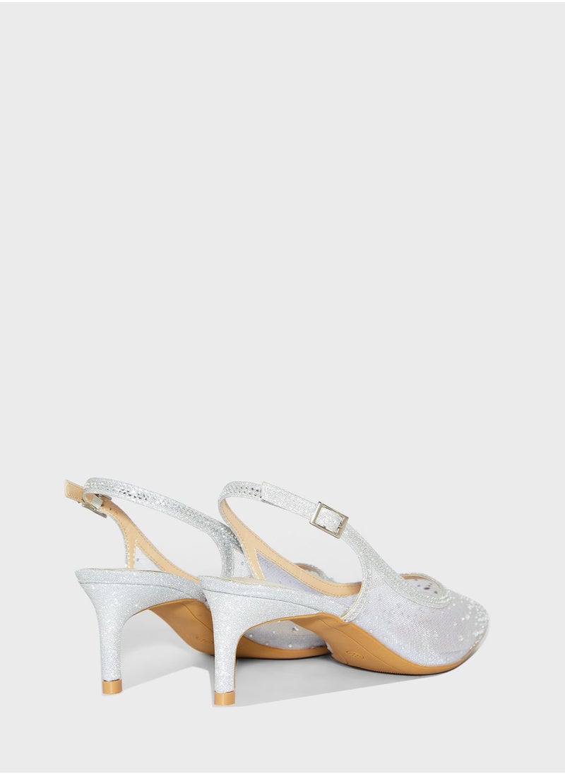 Ella Limited Edition - Diamante Detail Mesh Pointed Slingback Pump - Image 1