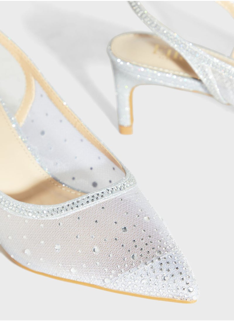 Ella Limited Edition - Diamante Detail Mesh Pointed Slingback Pump - Image 1