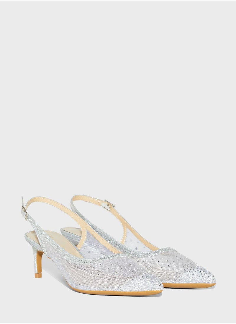 Ella Limited Edition - Diamante Detail Mesh Pointed Slingback Pump - Image 1