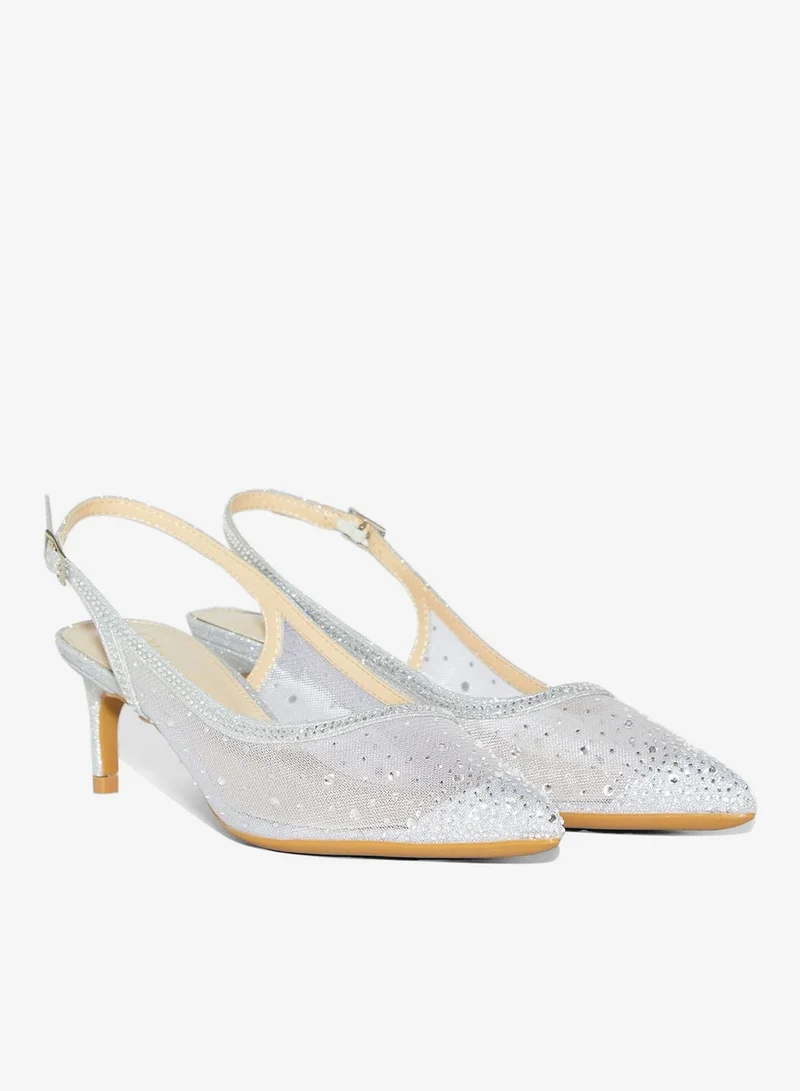 Ella Limited Edition Silver Diamante Detail Mesh Pointed Slingback Pump for Women | Best Price UAE