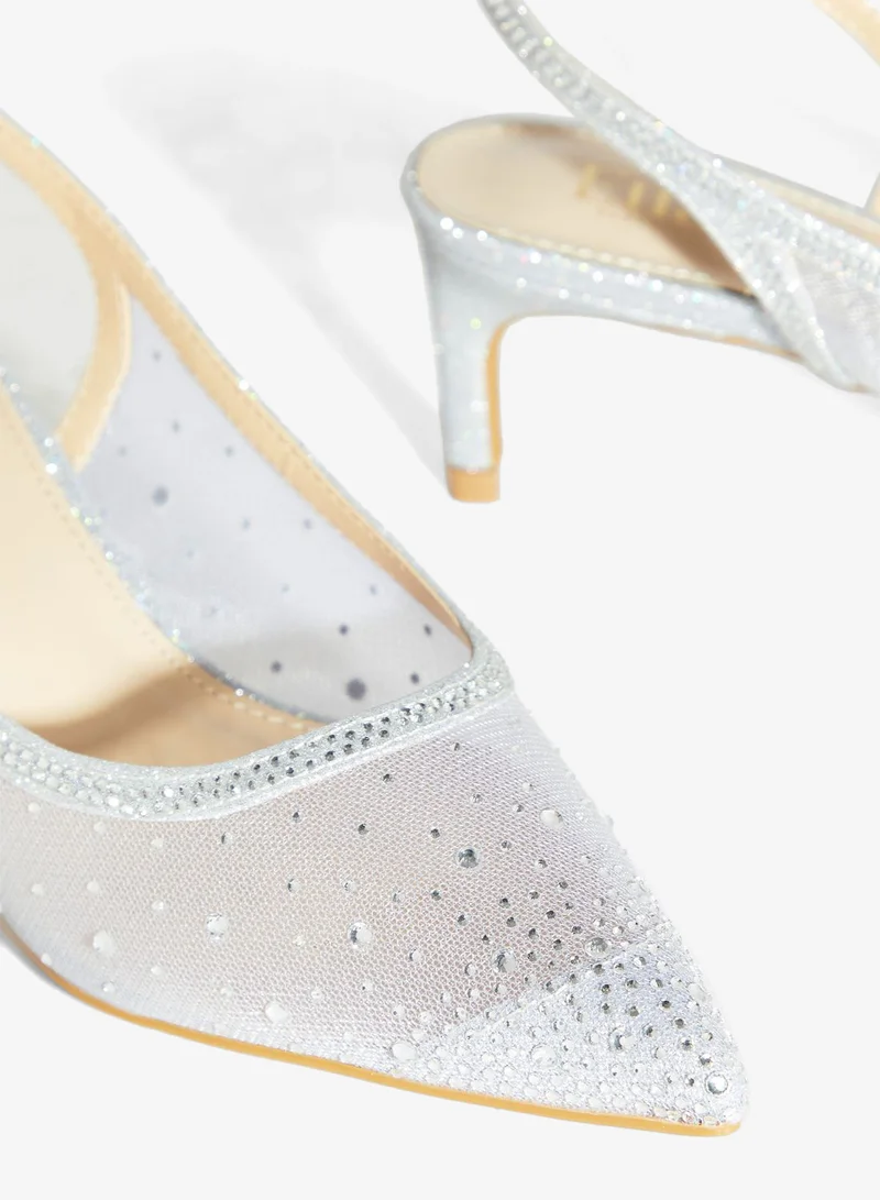 Ella Limited Edition Silver Diamante Detail Mesh Pointed Slingback Pump for Women | Best Price UAE