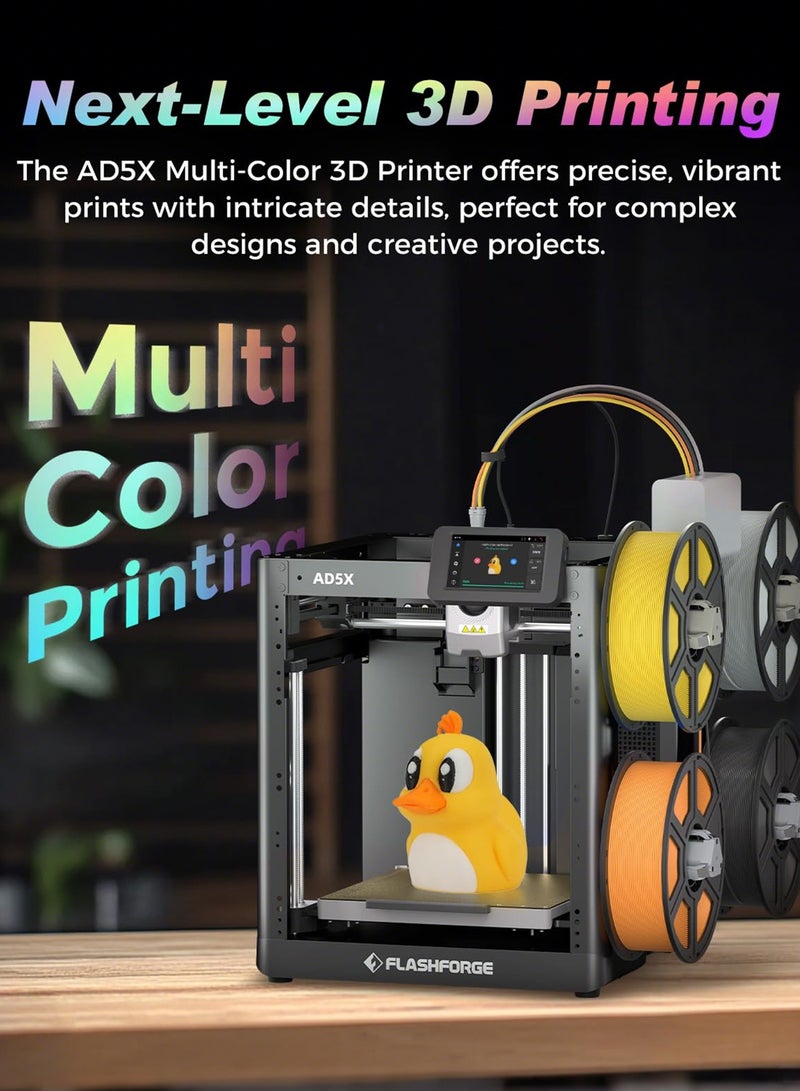 فلاش فورج طابعة ثلاثية الأبعاد AD5X متعددة الألوان، هيكل CoreXY بسرعة عالية 600 مم/ثانية، معايرة تلقائية بنقرة واحدة، محرك مباشر بدرجة حرارة 300°C، حجم بناء 220x220x220 مم، مثالية للدقة والكفاءة - Image 2