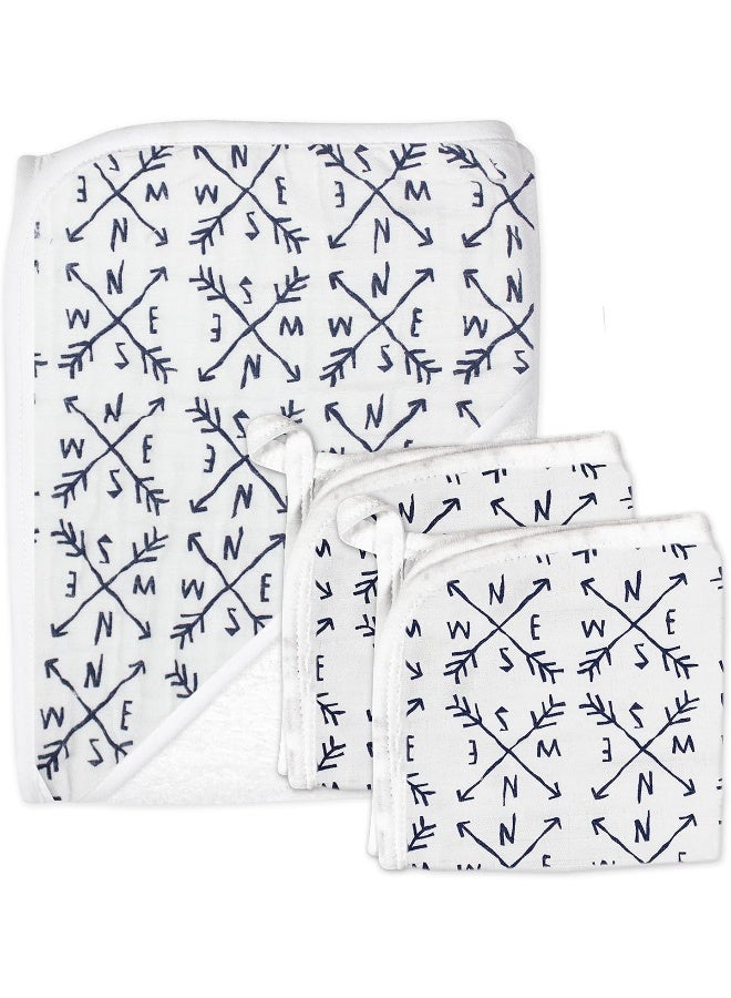 HonestBaby 3-Piece Organic Cotton Hooded Towel & Washcloth Set, Compass, One Size