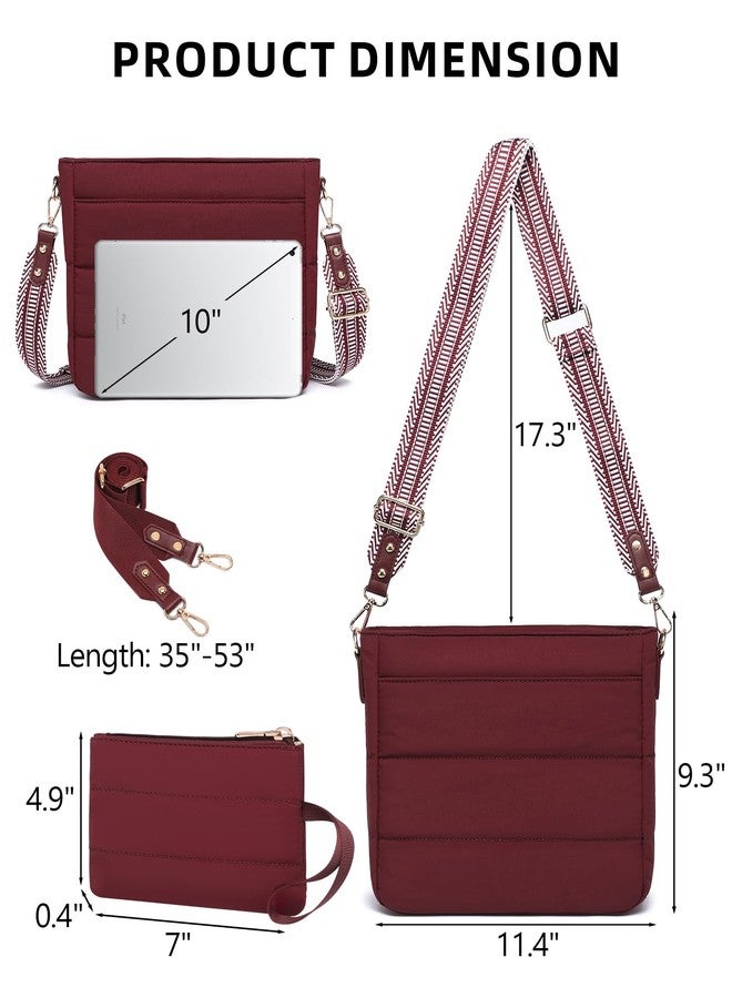 BAVERGE Purses for Women 2PCS Puffer Quilted Crossbody Shoulder Hobo Bags Trendy Ladies Handbag with Coin Wallet 2 Adjustable Straps, Burgundy - Image 3