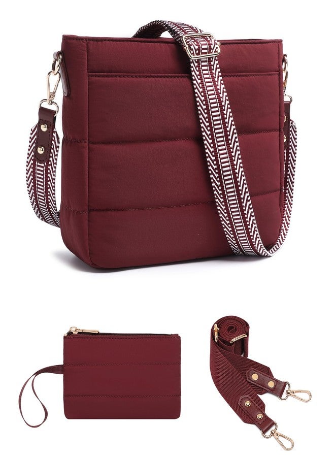 BAVERGE Purses for Women 2PCS Puffer Quilted Crossbody Shoulder Hobo Bags Trendy Ladies Handbag with Coin Wallet 2 Adjustable Straps, Burgundy - Image 1