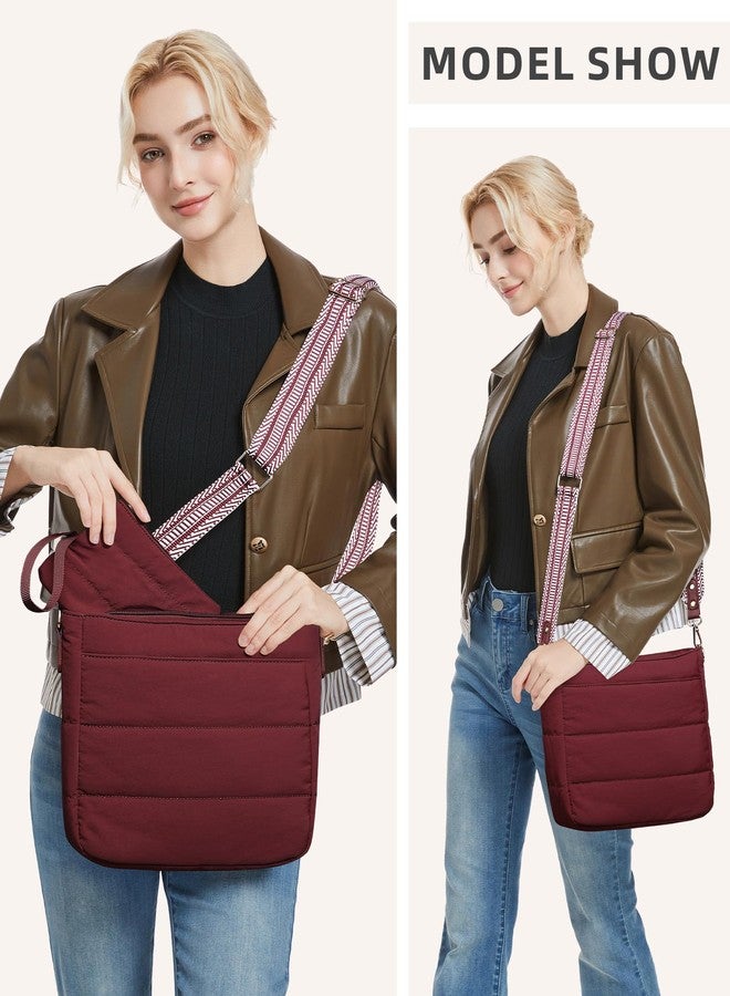 BAVERGE Purses for Women 2PCS Puffer Quilted Crossbody Shoulder Hobo Bags Trendy Ladies Handbag with Coin Wallet 2 Adjustable Straps, Burgundy - Image 2