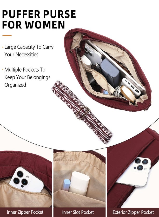 BAVERGE Purses for Women 2PCS Puffer Quilted Crossbody Shoulder Hobo Bags Trendy Ladies Handbag with Coin Wallet 2 Adjustable Straps, Burgundy - Image 4