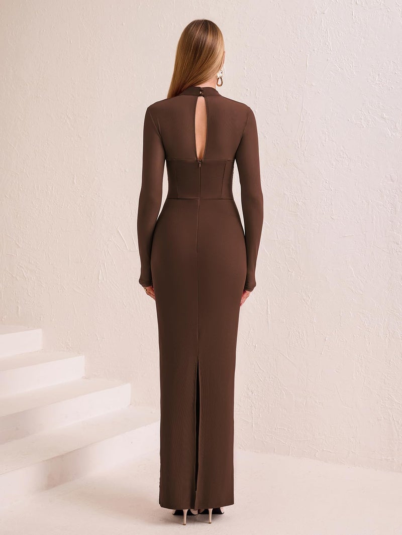 HTZMO Women Long Sleeve Bodycon Maxi Dress Halter Neck Ruched Elegant Wedding Guest Formal Long Dresses Brown M - Image 2