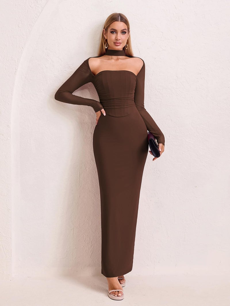 HTZMO Women Long Sleeve Bodycon Maxi Dress Halter Neck Ruched Elegant Wedding Guest Formal Long Dresses Brown M - Image 4