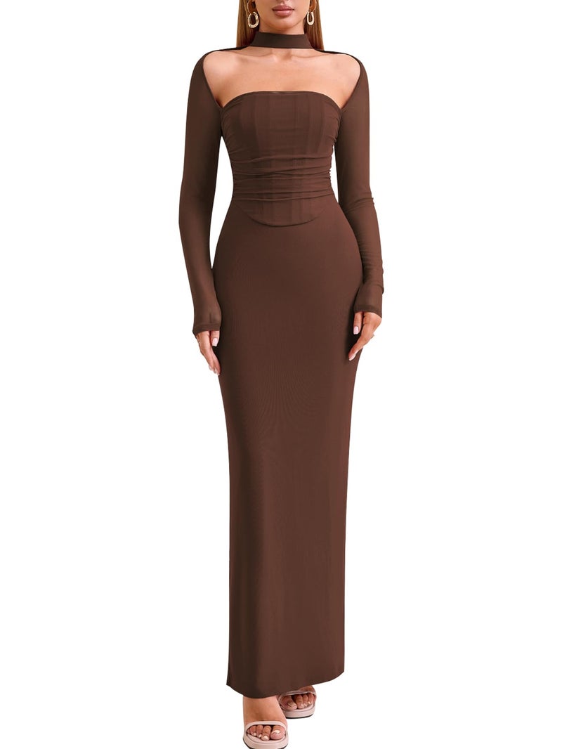 HTZMO Women Long Sleeve Bodycon Maxi Dress Halter Neck Ruched Elegant Wedding Guest Formal Long Dresses Brown M - Image 1