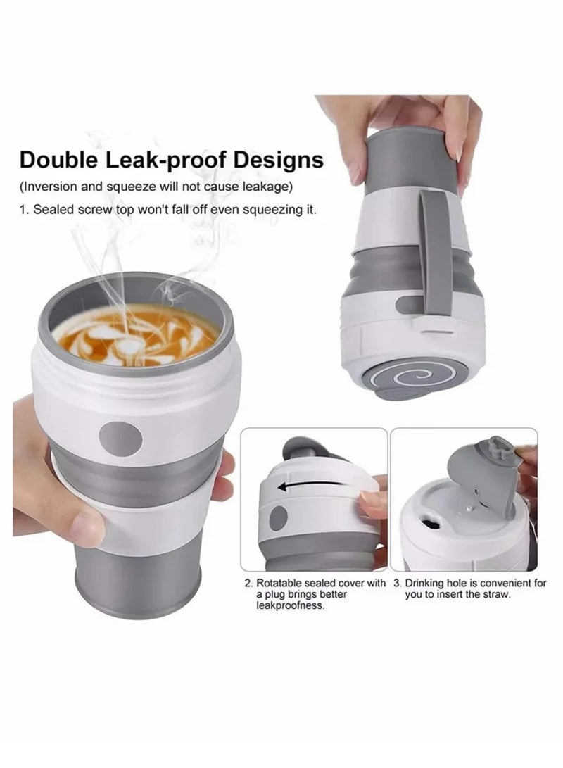 Collapsible Coffee Cup with Straw and Coaster Leak Proof Lid Eco Pocket Size Mug Convenient Reusable 450mL Travel Insulated Thermal Camping Mugs Keep for Hiking Picnic - Image 2
