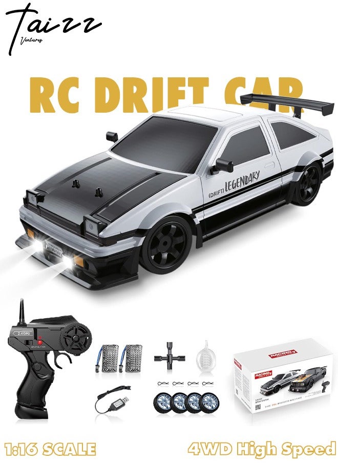 Taizz Ventures 1:16 Scale Remote Control Car RC Drift Car 4WD 18KM/H High Speed Model Vehicle 2.4GHz with LED Lights Spray Rubber Tire Racing Sport Toy Car for Adults Boys Girls Kids Gift 2Pcs Rechargeable Batteries - Black/White  - Image 1