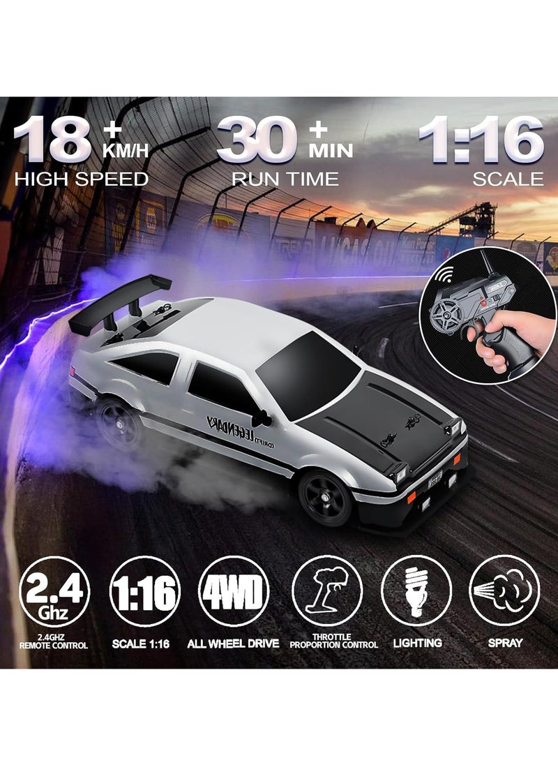 Taizz Ventures 1:16 Scale Remote Control Car RC Drift Car 4WD 18KM/H High Speed Model Vehicle 2.4GHz with LED Lights Spray Rubber Tire Racing Sport Toy Car for Adults Boys Girls Kids Gift 2Pcs Rechargeable Batteries - Black/White  - Image 2