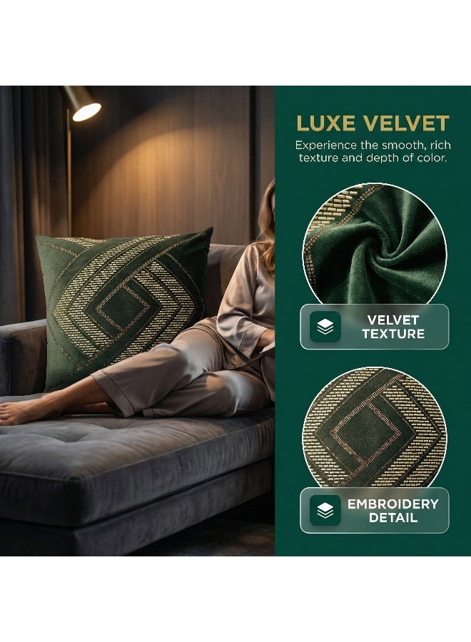 Set of 2 45x45cm Dark Green Velvet Decorative Pillow Cover with Gold Beaded Geometric Pattern – No Insert Included, Elegant Sofa Bed Throw Cushion Case - Image 1