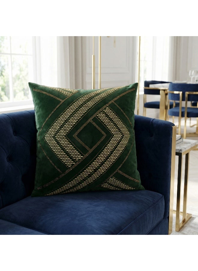 Set of 2 45x45cm Dark Green Velvet Decorative Pillow Cover with Gold Beaded Geometric Pattern – No Insert Included, Elegant Sofa Bed Throw Cushion Case - Image 3