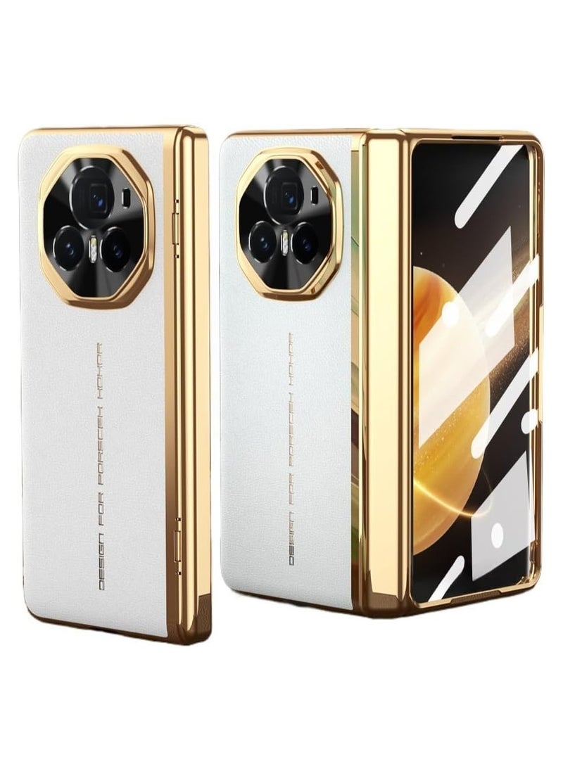 General - Case Compatible with Honor Magic V3 Case Built-in Screen Protector Plating Frame Plain Leather Case Lens Protection Shockproof Protective Cover - Image 1