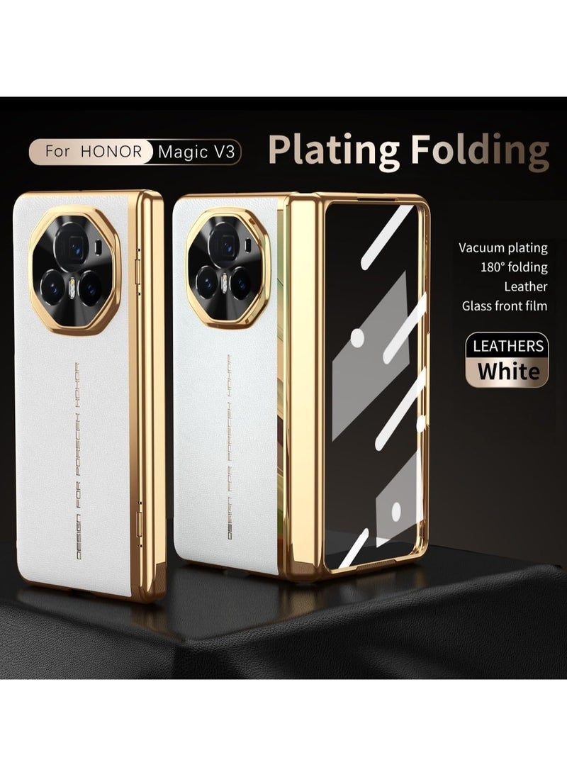 General - Case Compatible with Honor Magic V3 Case Built-in Screen Protector Plating Frame Plain Leather Case Lens Protection Shockproof Protective Cover - Image 1