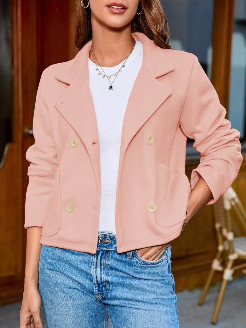 Fisoew Womens Cropped Blazers Business Casual Loose Fit Suits Double Breasted Open Front Cotton Blazer Jacket Pink - Image 2