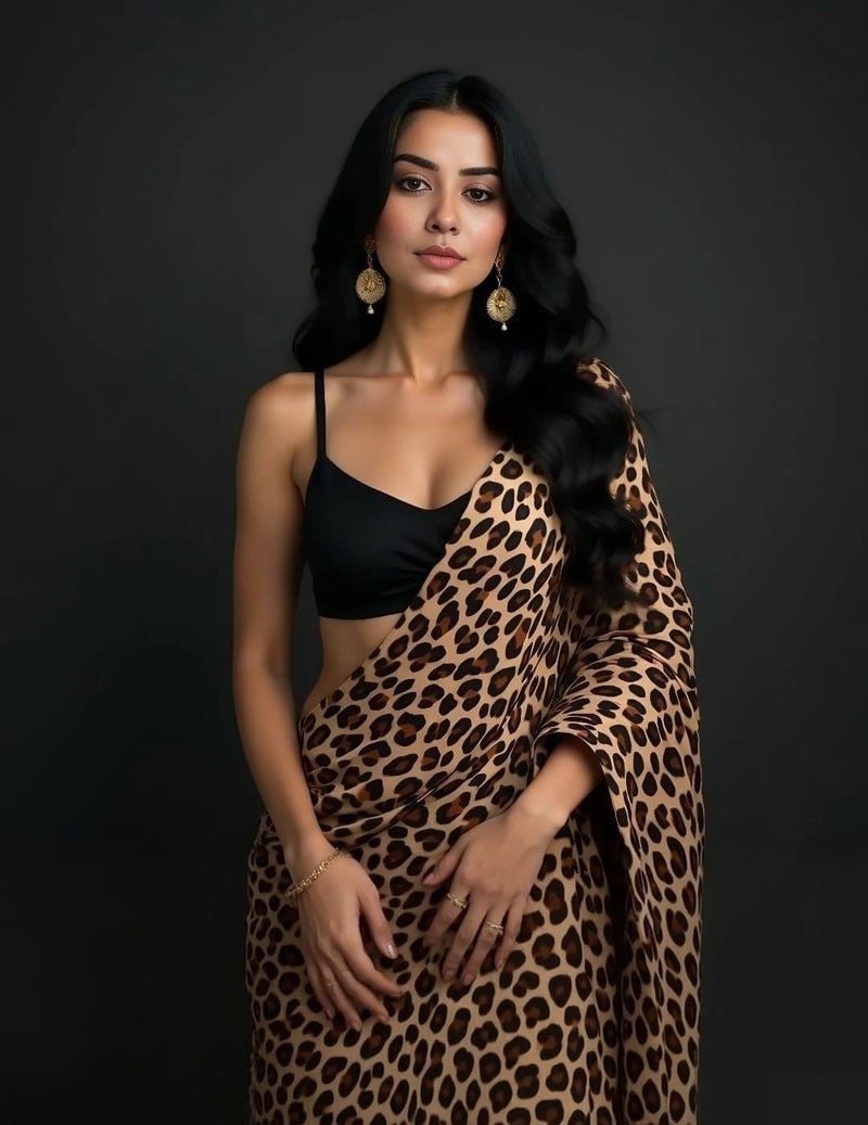 Sidhidata Women's Tiger Digital Printed Satin Saree with Unstitched Blouse Piece - Image 2