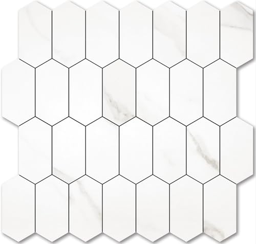 Vamos Tile Long Hexagon Peel and Stick Backsplash Tile - 10 Sheets Stick on Backsplash for Kitchen and Bathroom 12.4 x 12 Inch White Marble Look PVC Self Adhesive Mosaic Wall Tiles - Image 1