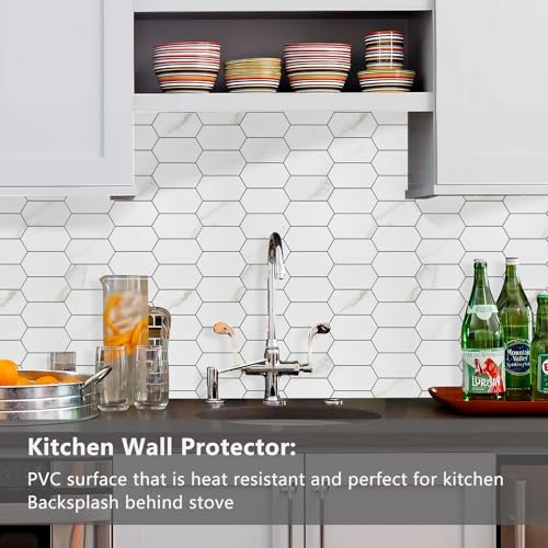 Vamos Tile Long Hexagon Peel and Stick Backsplash Tile - 10 Sheets Stick on Backsplash for Kitchen and Bathroom 12.4 x 12 Inch White Marble Look PVC Self Adhesive Mosaic Wall Tiles - Image 2