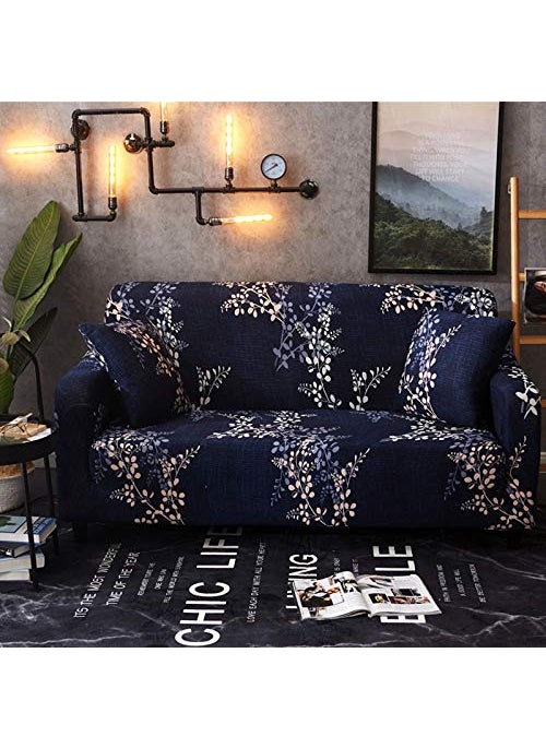 Styleys Styleys Universal Polyester Big Elasticity Flexible Stretch Triple Seater Sofa Cover (2 Seater, 140-180 cms, Dark Blue White Small Leaf, SLMH-94)  - Image 1