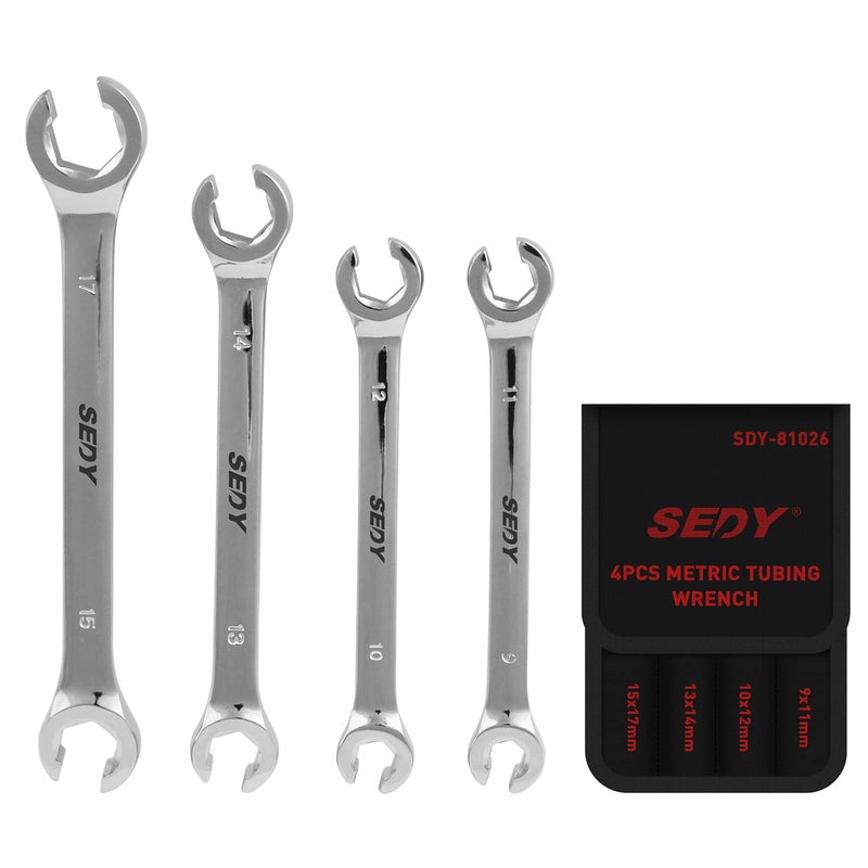 SEDY 4Piece Flare Nut Wrench Set Offset End Spanner Metric 9 10 11 12 13 14 15 17mm CRV Steel Storage Pouch Repair and Remove Nuts on Fuel Tube Hose Transmission Line