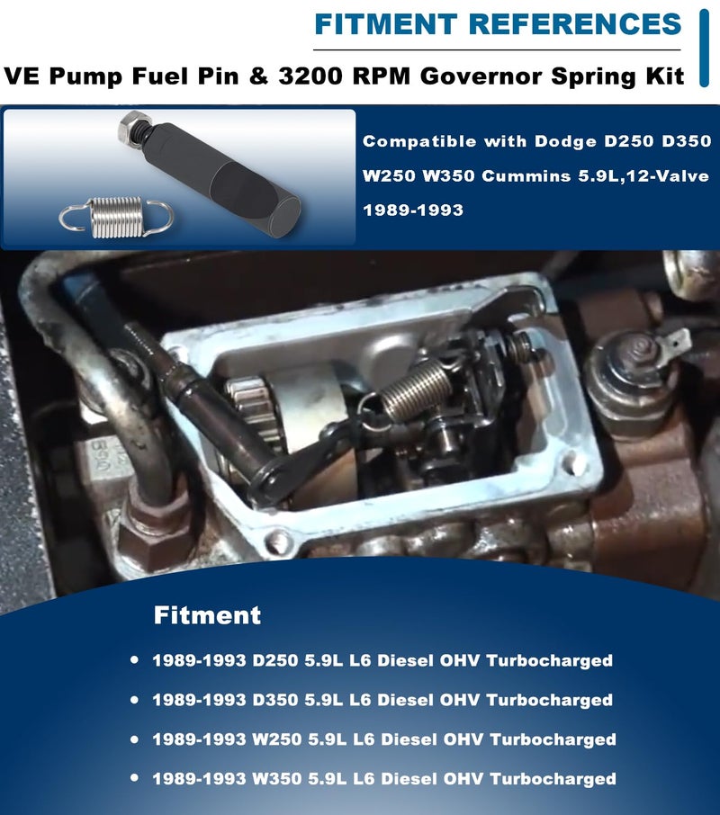Camoo VE Pump Fuel Pin & 3200 RPM Governor Spring Kit For 1988-1993 Dodge D250 D350 W250 W350 Cummins 5.9L 12-Valve VE Injection Pump - Image 2