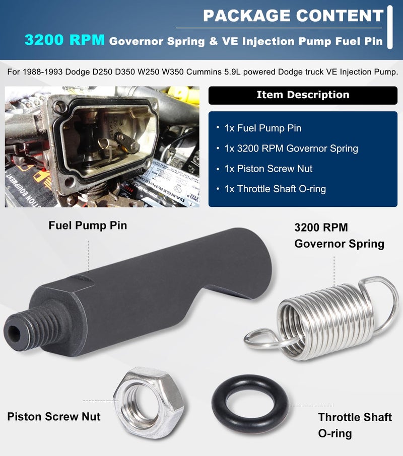Camoo VE Pump Fuel Pin & 3200 RPM Governor Spring Kit For 1988-1993 Dodge D250 D350 W250 W350 Cummins 5.9L 12-Valve VE Injection Pump - Image 5
