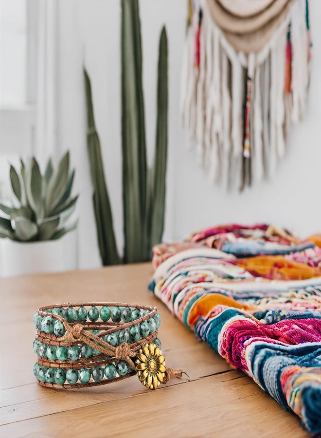 Wingoden 3 Wrap Bracelet for Women Men - Handmade Natural Stone Boho Bracelet Healing Crystal Beaded Bracelet Adjustable Stackable Bohemian Cuff Jewelry Gift for Women Men, Green Africa Jade - Image 2