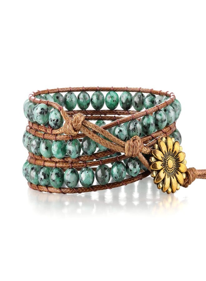 Wingoden 3 Wrap Bracelet for Women Men - Handmade Natural Stone Boho Bracelet Healing Crystal Beaded Bracelet Adjustable Stackable Bohemian Cuff Jewelry Gift for Women Men, Green Africa Jade - Image 1