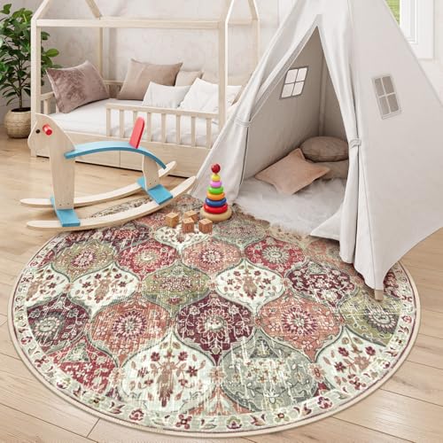 La Home Lahome Moroccan Trellis Round Area Rugs Washable Small Round Rug 3ft NonSlip Soft Vintage UltraThin Circle Carpet for Bedroom Entryway Laundry Bathroom Elise OrangeTerracotta - Image 3