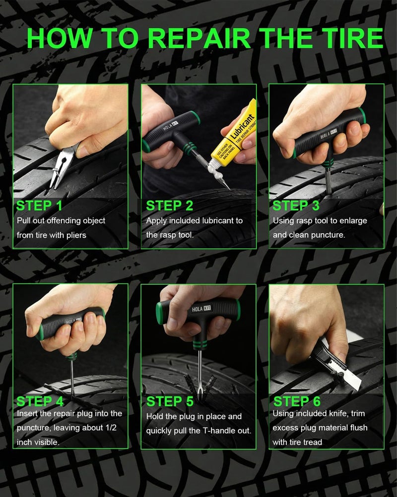 HolaKit 20PCS Tire Repair Kit – Flat Tire Plug Kit inlcudes Ergonomic T-Handle Tools with Rubber Covered Grip, 2 Sizes Tire Repair Strips, Knife, Tire Pressure Gauge & Lubricant – Car, SUV, Motorcycle, ATV - Image 5