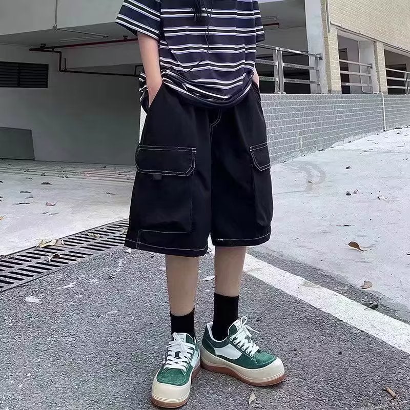Hong Kong Style Retro Drawstring Multi-Pocket Tooling Pants Boys Casual Loose Straight Medium Pants - Image 4