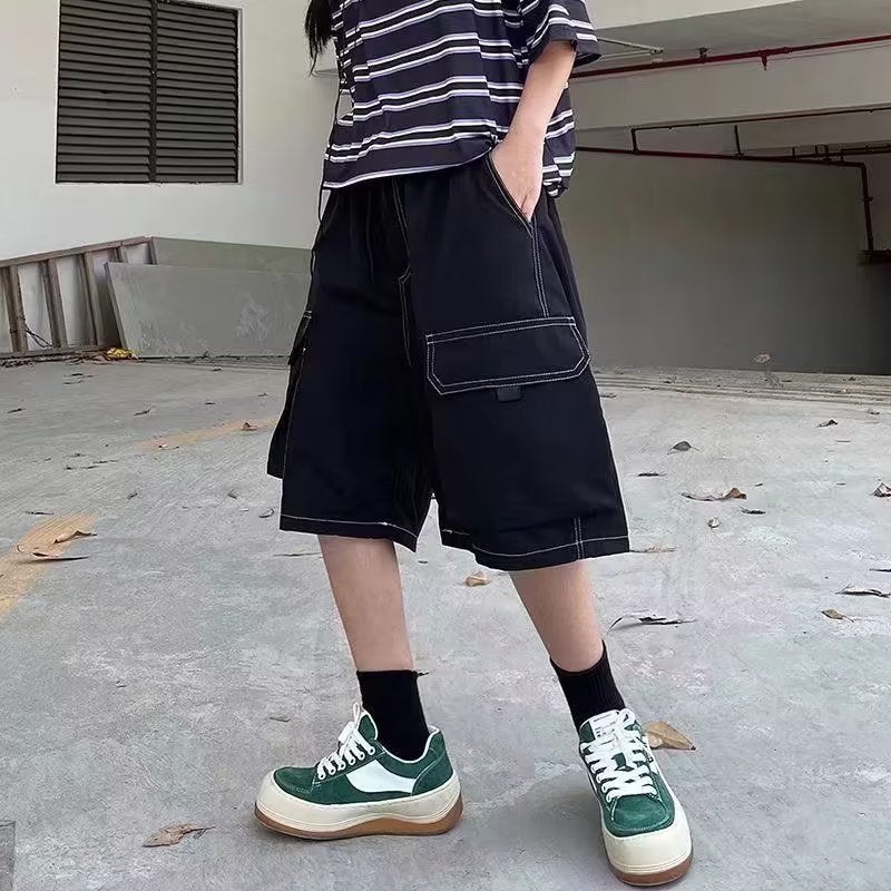 Hong Kong Style Retro Drawstring Multi-Pocket Tooling Pants Boys Casual Loose Straight Medium Pants - Image 2