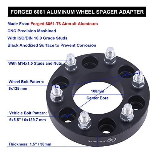 VLAOSCHI Black Forged 6x5.5 to 6x135 Wheel Adapters 1.5 Inch with 14x1.5 Studs Compatible with Chevy GMC 6 Lug 6x139.7 to 6x135 for Silverado Sierra Suburban 1500 Tahoe | 2019-2022 RAM1500 - Pack of 4 - Image 5