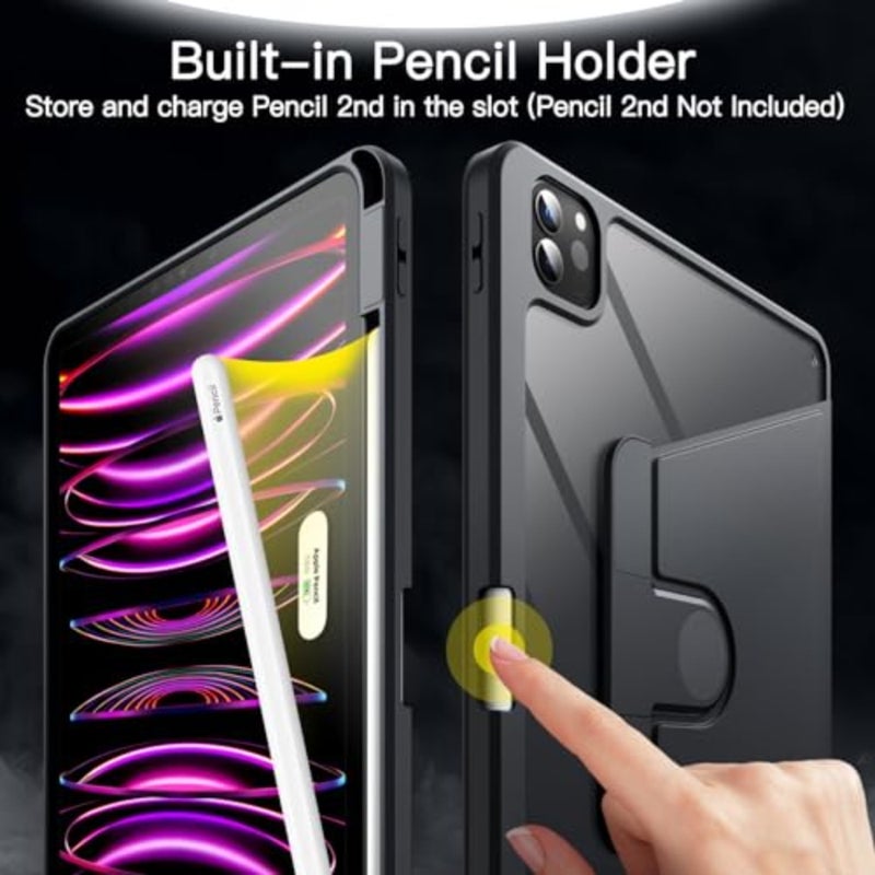 غطاء حماية دوار لجهاز iPad Pro 11 4/3 2022/2021، ظهر شفاف من مادة TPU، حامل يدور 360 درجة، تنبيه/غفو تلقائي، حامل أقلام رصاص، حماية كاملة - Image 5