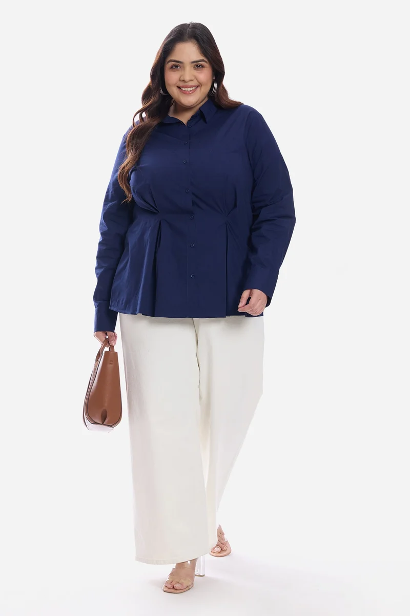 Virgio Solid Cotton Waist Button Full Sleeve Plus Size Shirt for Women