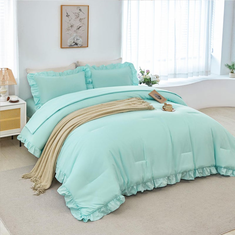 ANGIYUIN Mint Green Twin Size Comforter Set for Girls Kids 5 Pieces Ruffled Farmhouse Bed in A Bag with Sheets Soft Lightweight Bedding Sets for All Season(Mint Green Twin) - Image 2