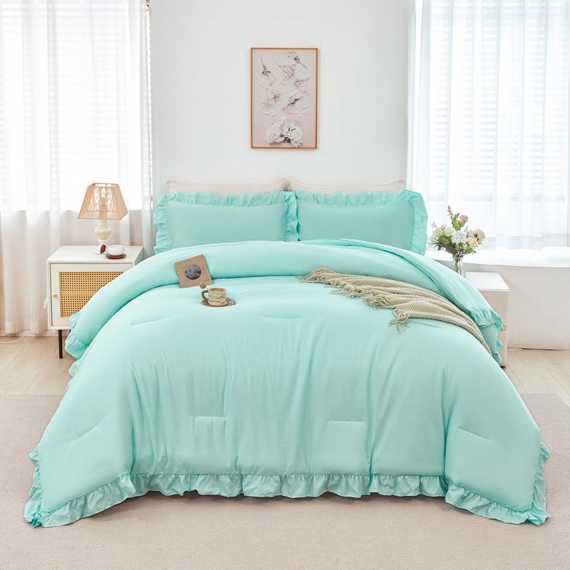 ANGIYUIN Mint Green Twin Size Comforter Set for Girls Kids 5 Pieces Ruffled Farmhouse Bed in A Bag with Sheets Soft Lightweight Bedding Sets for All Season(Mint Green Twin) - Image 1