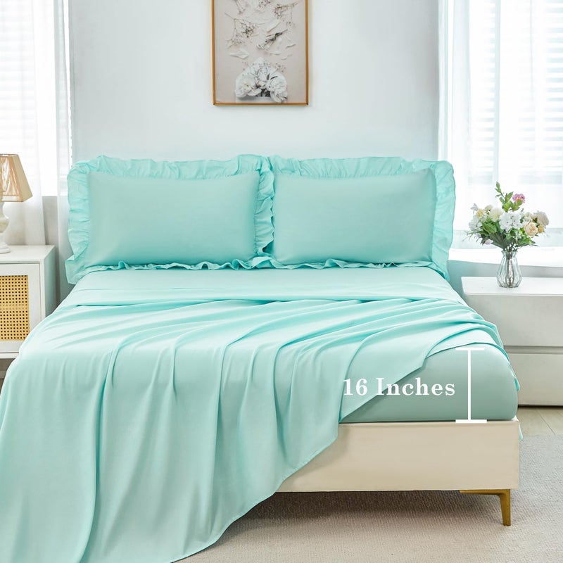ANGIYUIN Mint Green Twin Size Comforter Set for Girls Kids 5 Pieces Ruffled Farmhouse Bed in A Bag with Sheets Soft Lightweight Bedding Sets for All Season(Mint Green Twin) - Image 5