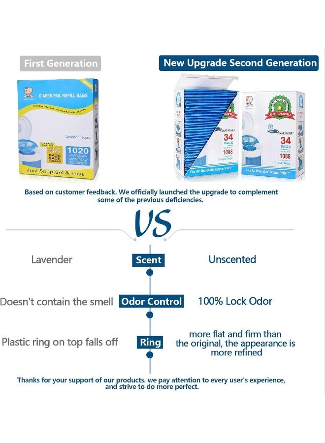 HeTaiDa Diaper Pail Refill Bags, 1088 Counts, 34 Bags, Fully Compatible with Arm&Hammer Disposal System - Image 3