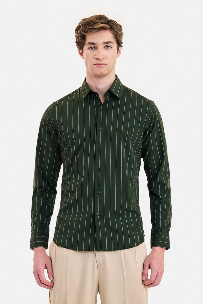 SNITCH Olive Striped Long Sleeve Slim Fit Formal Luxe Shirt